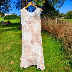 Vintage Silk Newport News floral sheer lined flowy ruffled maxi dress